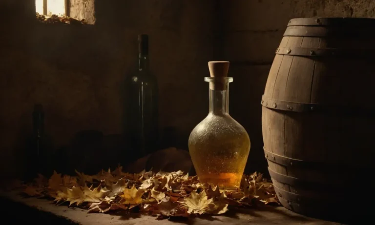 Un bodegón oscuro de hojas de roble y botellas envejecidas