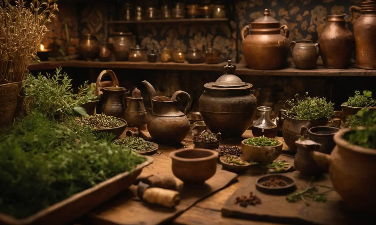 Papel pintado antiguo muestra hierbas de gruit y escenas medievales