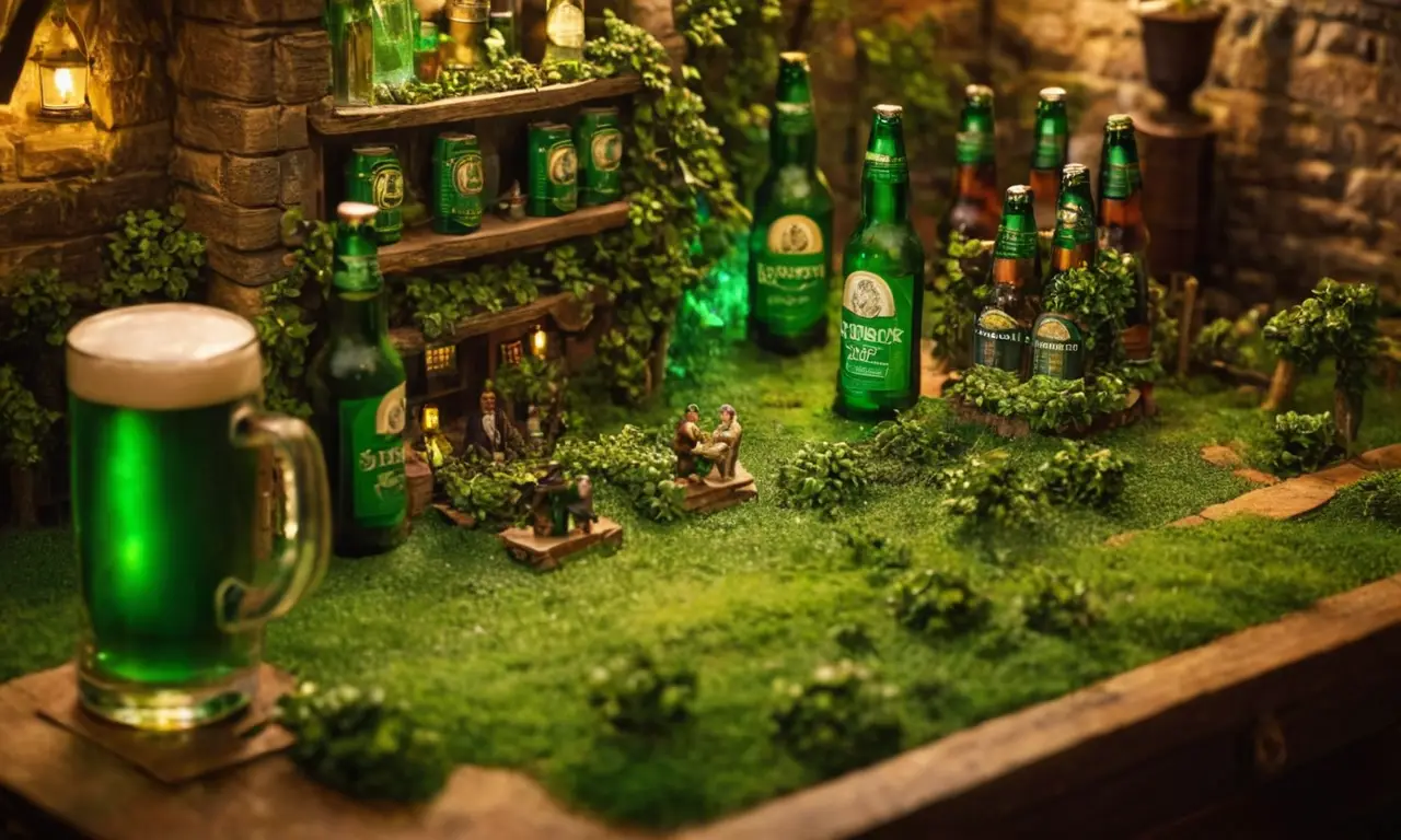 Cerveza esmeralda con motivos de trébol y diseño vibrante