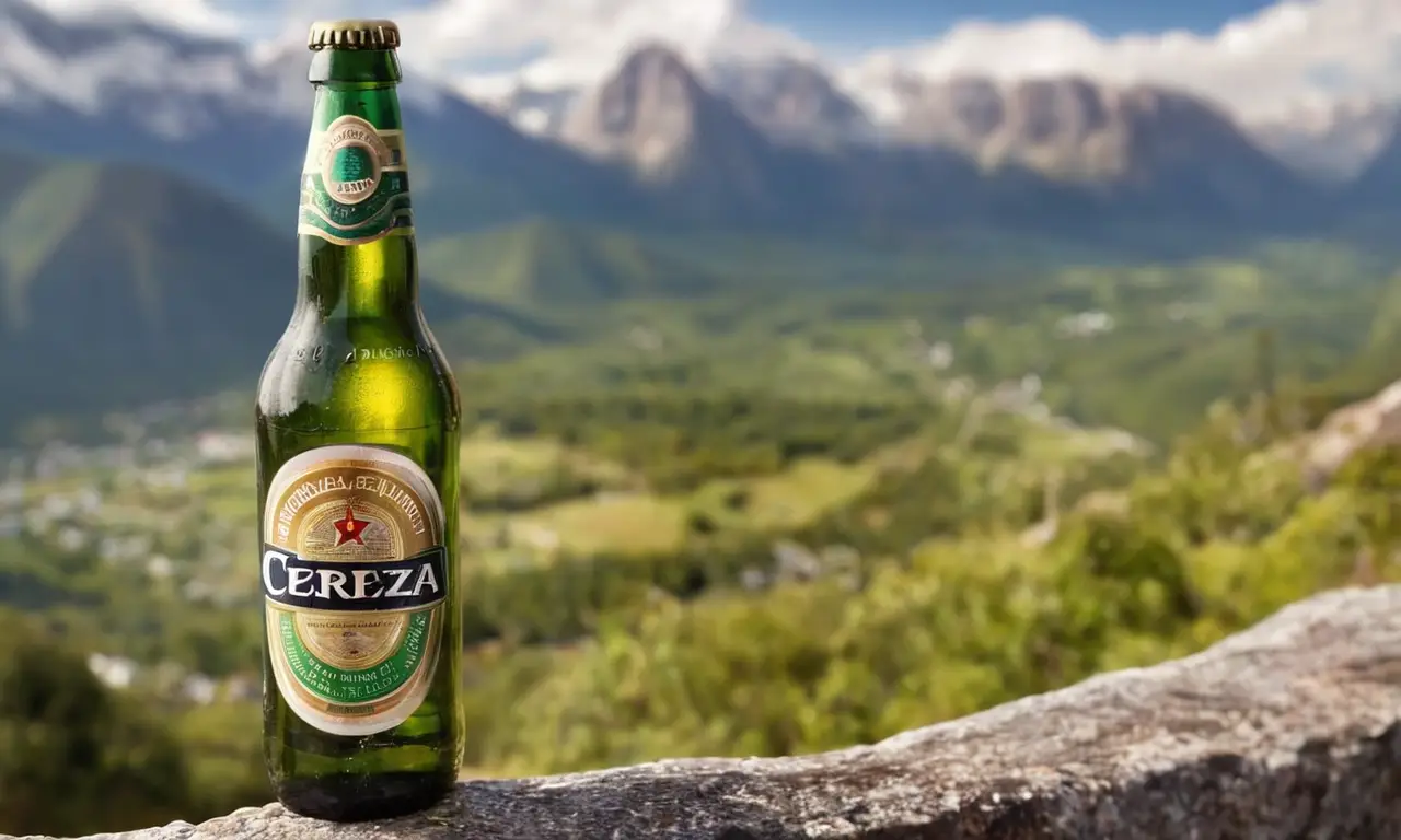 El papel pintado muestra una botella de cerveza gigante sobre montañas