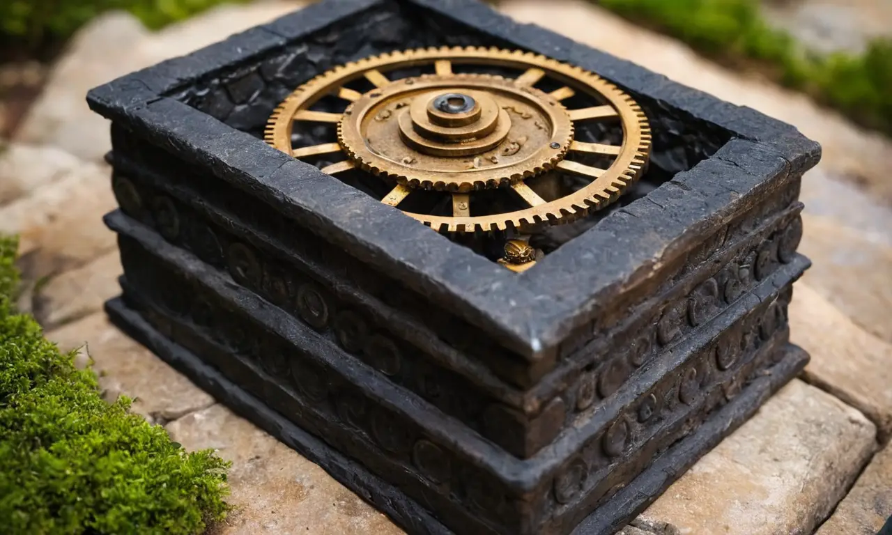 Piedra oscura y misteriosa con engranajes ocultos