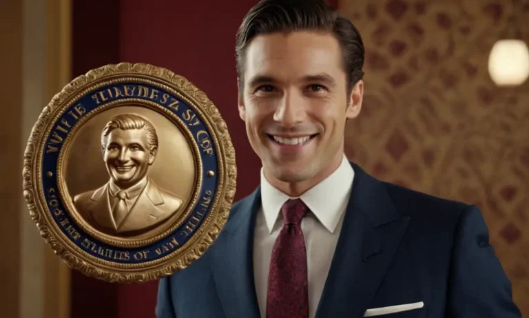 El papel tapiz muestra un anuncio vintage con un hombre en traje y un sello ornamentado