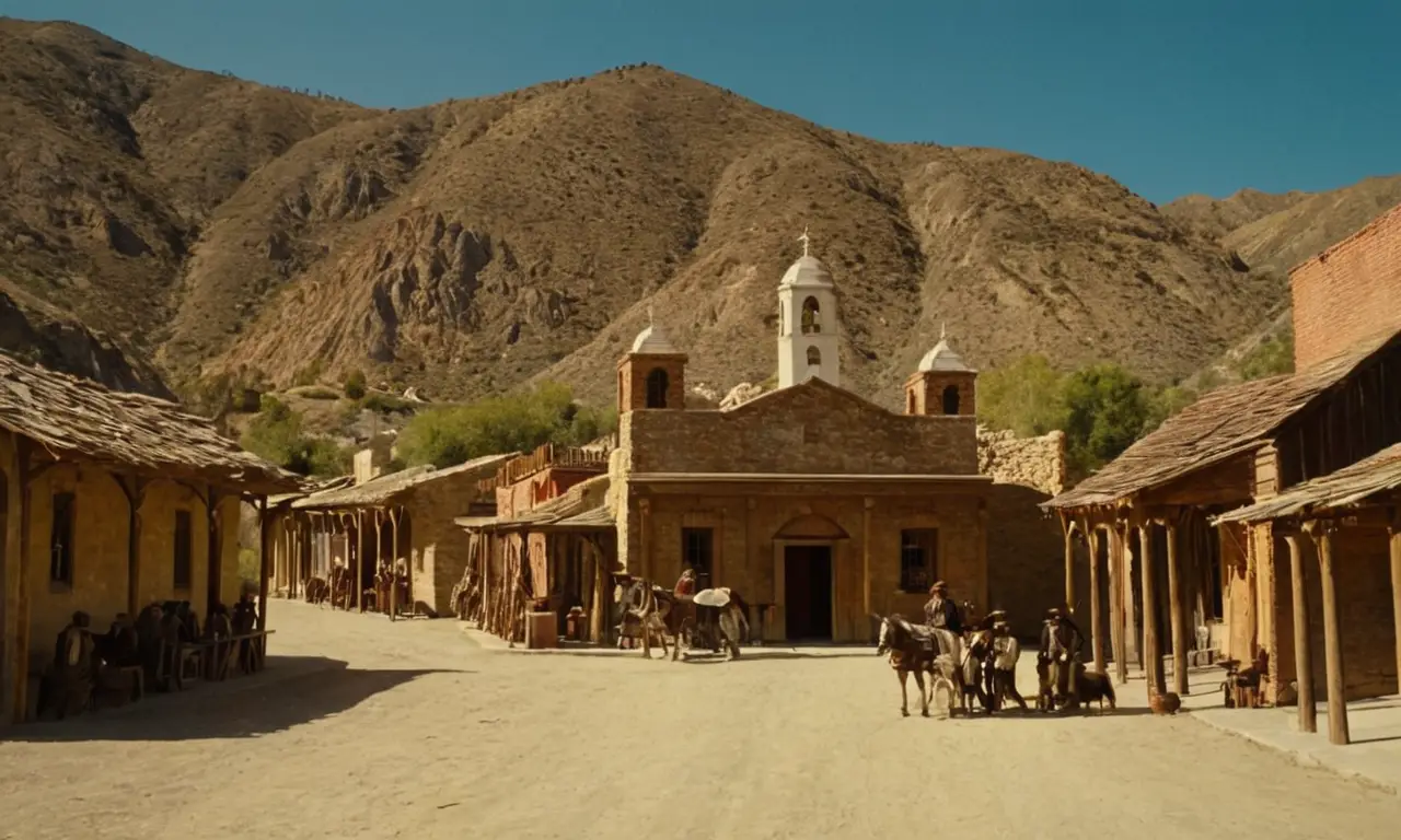 Representa Tabernas con colores vibrantes y figuras históricas
